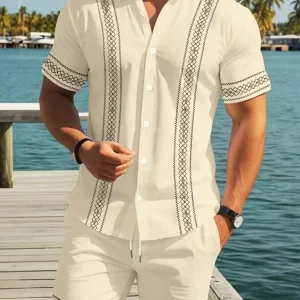 Men's Summer Vacation Shirt and Shorts Set, Beach Resort Style, Fashionable Two-Piece, Casual Slim-Fitting Design