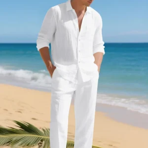 Men's Linen Two-Piece Set, Classic Long Sleeve Button Shirt & Drawstring Pants, Breathable Fabric for Beach Vacation, Casual Outdoor Wear
