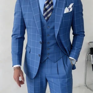 Men's Plaid Tuxedo Long Sleeve Suit - Double Breasted Three-Piece Set with Vest for Business, Casual, and Formal Events | Groom & Party Attire Elegant Menswear Classic