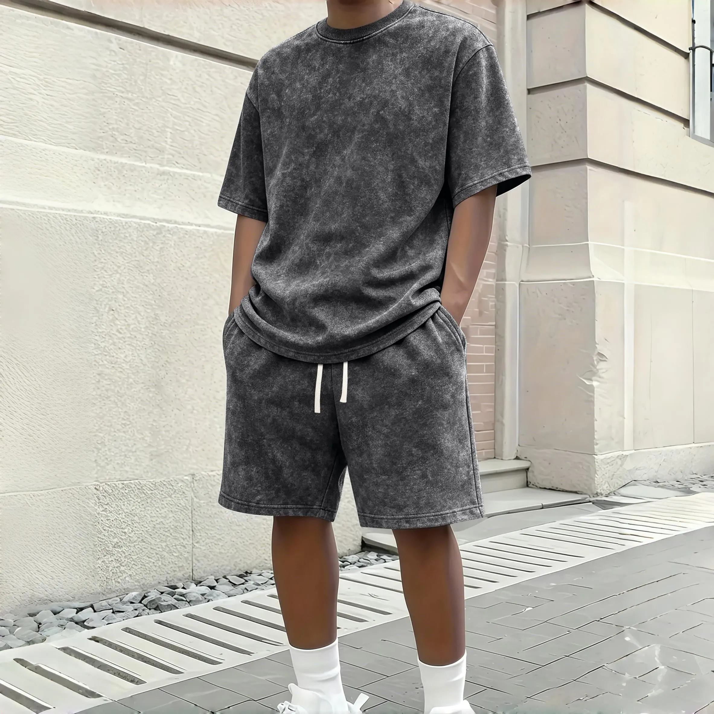 Solid-color washed cotton men’s summer set: casual commuting crew-neck short-sleeve T-shirt + shorts two-piece set, retro 2000s style. Suitable for running, golf, fishing, basketball, camping, gym, swimming, and beach; an ideal gift for men.