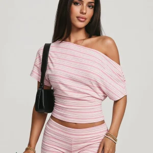 2-Piece Women's Pink & White Striped Off-shoulder Top & High Waist Shorts Set, Casual Loungewear Matching Set, Fitted Set Outfit