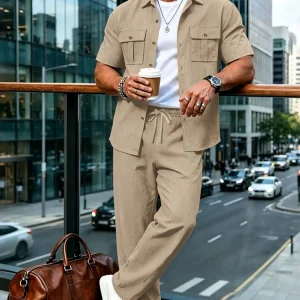 Summer Linen Style Men's Casual Short Sleeve Shirt and Long Pants Set, Resort Wear Set, Breathable Loose Fit Two-Piece, Drawstring Waist, Ideal for Vacation and Daily Wear Clothes