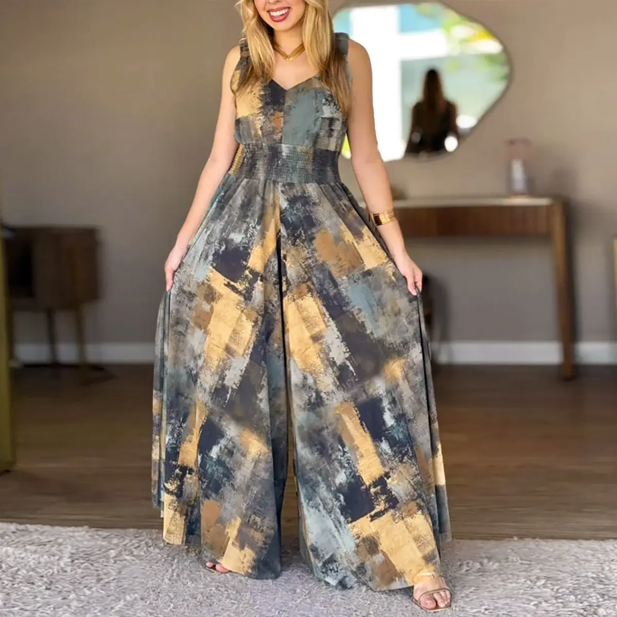 CHICME Women's Abstract Oil Painting Print V-Neck Stretchy Thick Straps High Waist Backless Overalls Casual Shirred Waist Cinched Waist Wide Leg Jumpsuit