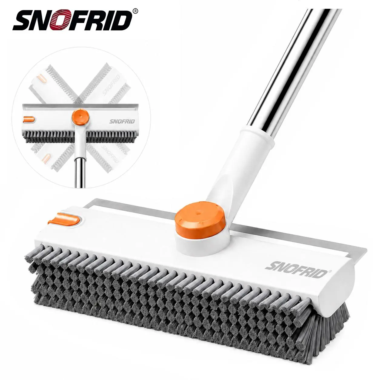 Floor Scrub Brush, 3 in 1 Floor Scrub Brush with 54-in Adjustable Long Handle and Scraper Heavy Duty Stiff Bristle Floor Scrubber for Cleaning Shower Bathroom Kitchen Patio Garage Pool Wall and Deck, Orange&White