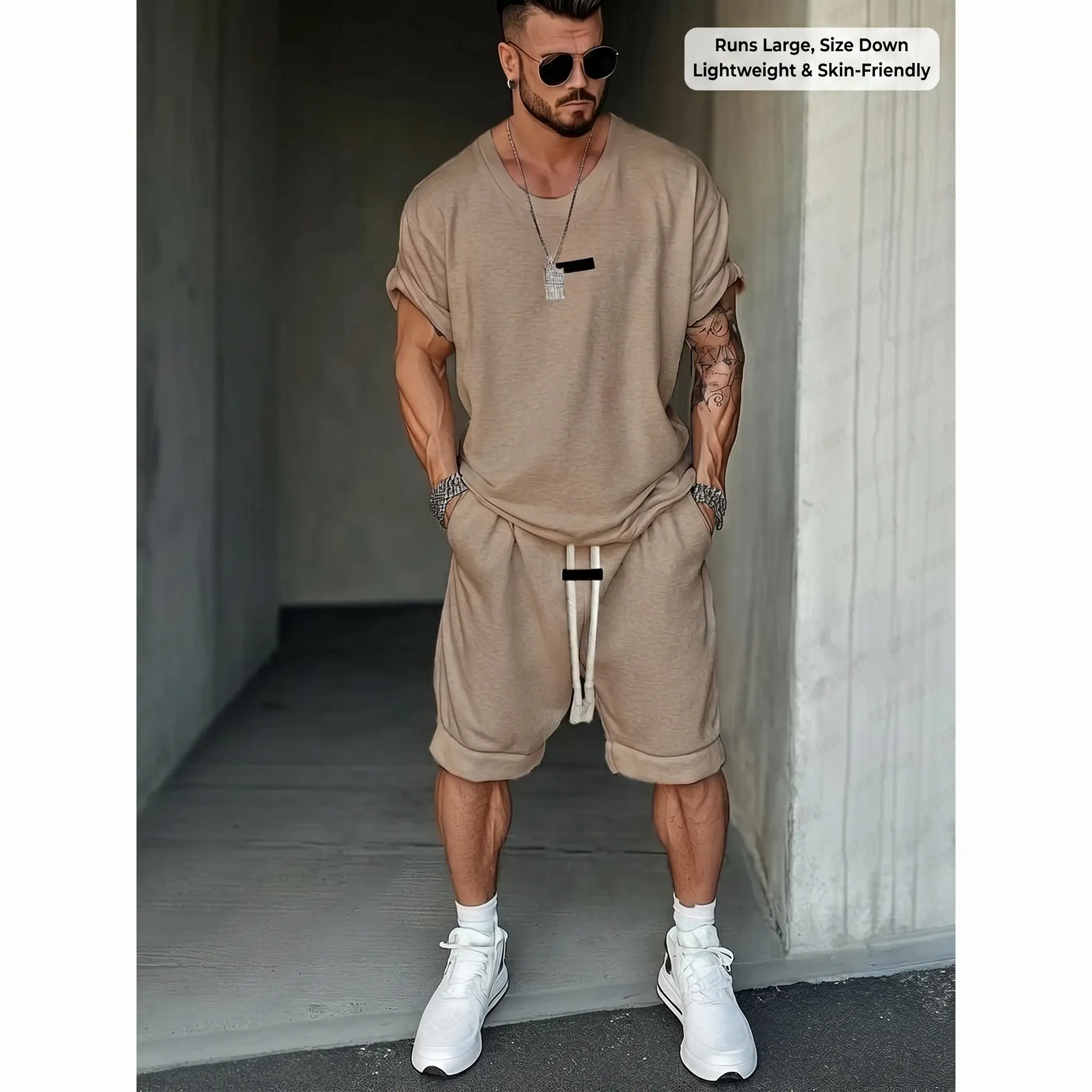 Coofandy B Athleisure Fusion T-Shirt Shorts Set Street Style Cotton Men's Regular Fit Below the Knee Crew Neck Drop Shoulder Casual Minimalist Summer Clothes