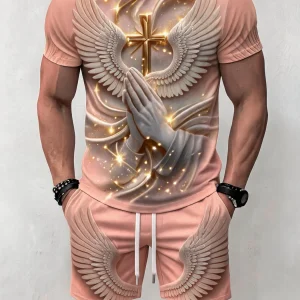 Men's breathable summer two-piece set, retro casual cross wing print set, trendy vacation commuting clothing