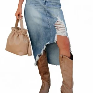 Asvivid Women Western Cowboy Denim with Pockets Midi Skirt Casual Cotton Jean Skirt Asymmetrical Slit Ripped Frayed Hem Skirts Basic Bottom for Daily Vacation Streetwear