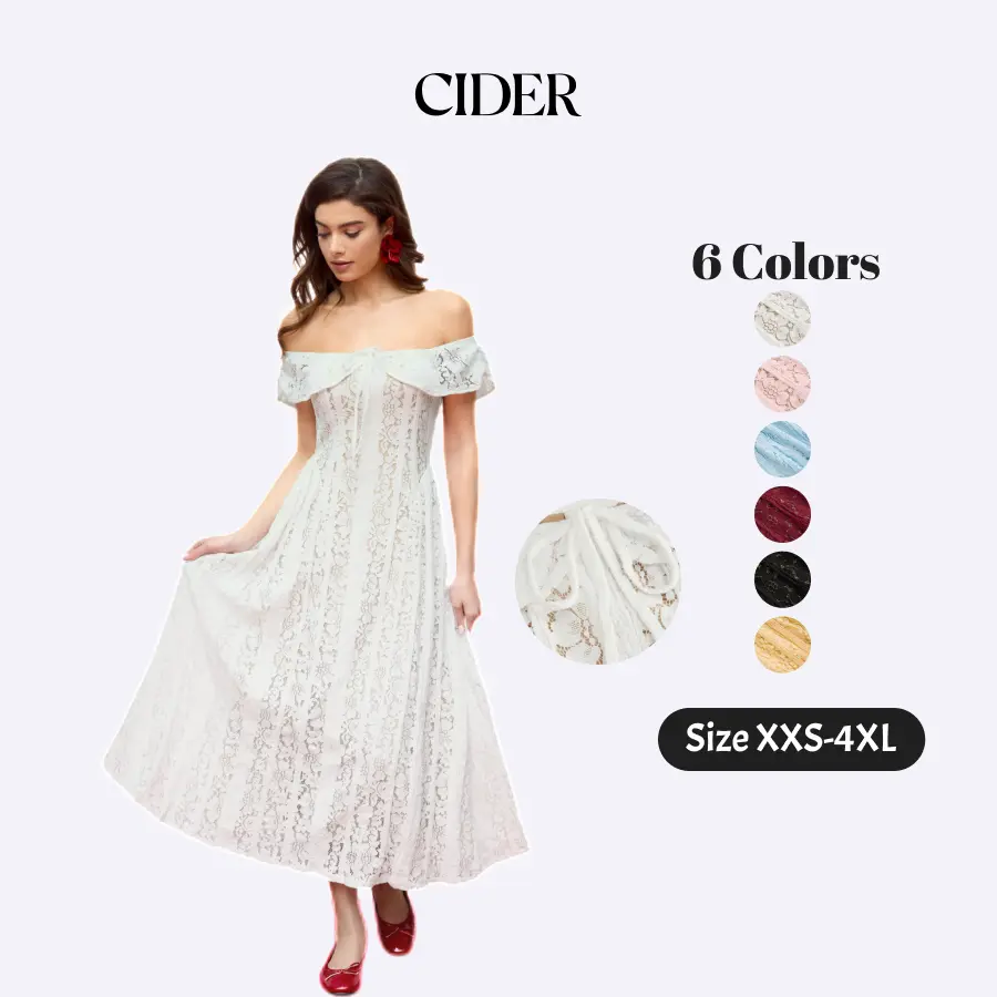 Cider Maxi Dress – Off-Shoulder Knotted Floral Lace Cotton Blend Elegant Romantic Women's Wedding Guest Date Night Gown, Summer Flared Regular Fit Long Dress SummerWins Dealsforyou