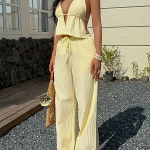 Women's Fashion Striped Halter Backless Top & Long Pants Set Outfit, Chic Office Style, Perfect for Vacation, Date & Outdoor Wear
