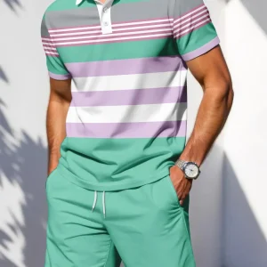 Men's Two-Piece Striped Polo Shirt and Shorts Set, Casual Streetwear, Breathable Loose Fit, Summer Sports, Multiple Colors Available