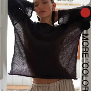 Women's Hollow Out Knit Sweater, Spring Summer New Arrival, Thin Round Neck Flare Sleeve Loose Long Sleeve Top, Comfortable Breathable, Knitwear