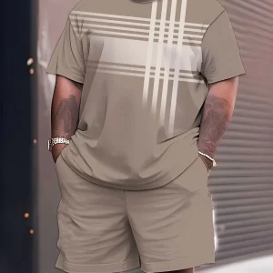 Men's oversized casual sports T-shirt and shorts set, featuring stylish stripes, round neckline design, knitted fabric, slight elasticity, machine washable, extra large size