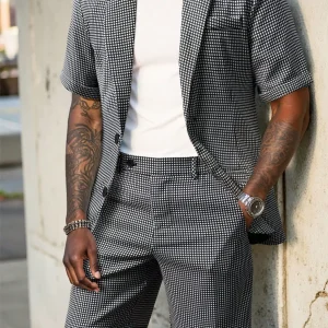 Men's Solid Color Short Sleeve Shirt and Pocket Shorts Set, Casual Blazer Two-Piece, Comfortable Slim Fit, Streetwear Style