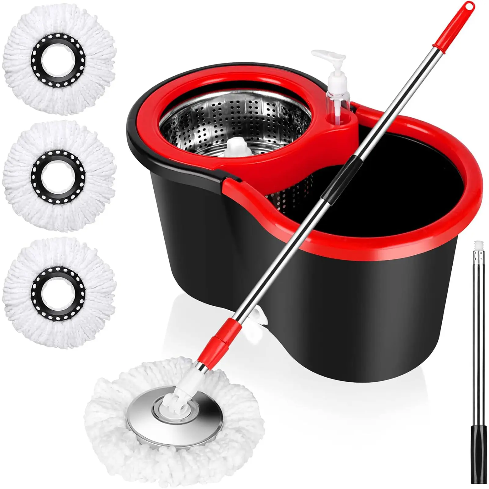 Mother's Day Gift Spin Mop and Bucket with Wringer Set, 3 Washable Microfiber Pads Included for Floor Cleaning, Adjustable Stainless Steel Handle, Easy Moving with Wheels, BlACK