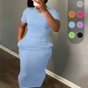 Plus Size Plain Pocket Round Neck Bodycon Fit Dress, Casual Aesthetic Short Sleeve Ribbed Long Dress for Summer, Women's Clothes for Daily Wear, Womenswear