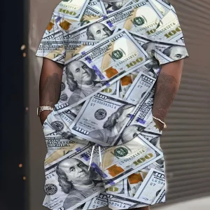 Men's Creative Dollar 3D Print Summer Set, Short Sleeve T-Shirt and Trendy Stylish Shorts Combo, Plus Size, Casual Fashion, Menswear Outfit, Clothes
