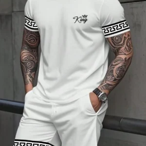 Men's Printed Short Sleeve T-Shirt & Shorts Set, Menswear Aesthetic, Contrast Color Geometric & Letter Print, Casual Fitted Top & Knee Length Shorts