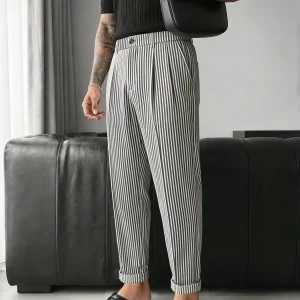 Men's Striped Suit Pants, Natural Waist, Chic Casual Fit, Fitted H-Type, All-Season Fashion Casual Business Pants, Anti-Wrinkle Breathable Fabric, Comfortable Long Pants