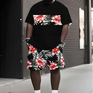 Men's 3D Tropical Print Set, Loose-Fitting Short Sleeve Tee & Shorts, Casual Daily Wear, Vacation, Knee-Length Hem