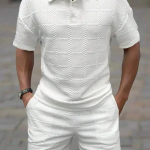 Men's 2-Piece Knitted Clothing Set - Loose-Fit Polo Shirt & Short-Sleeve Plain T-Shirt, Breathable, Cool, Comfortable, Stylish Casual Summer Menswear, 2 Piece Sets