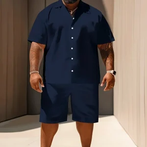 Men's 2-Piece Set, Collared Short Sleeve Shirt and Shorts, Loose Fit Plus Size, Asymmetrical Design, Summer Casual Outfit