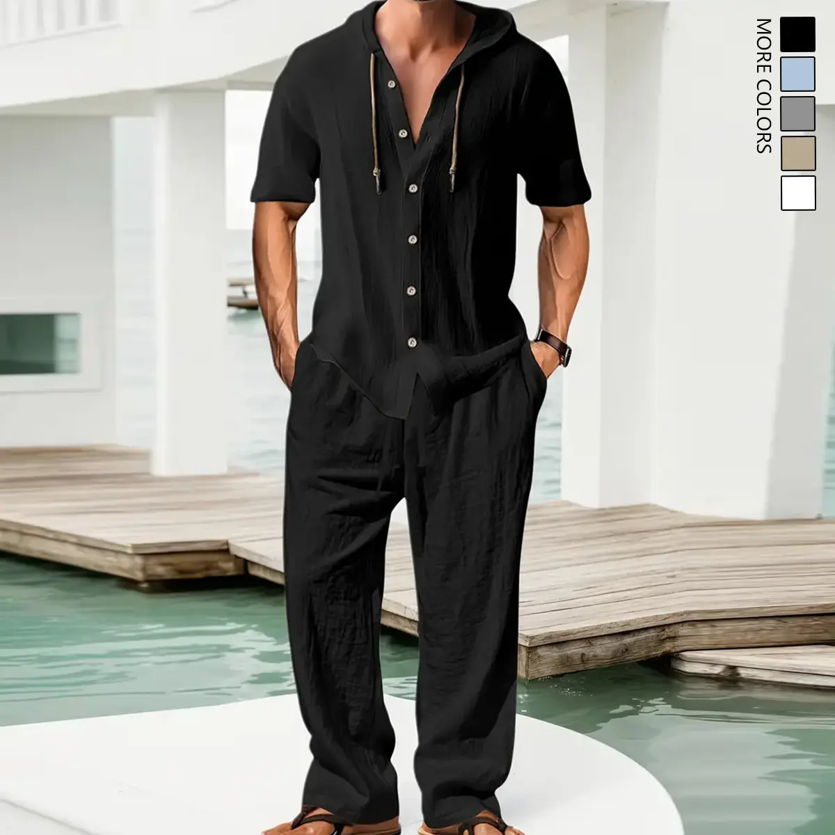 Men's 2-Piece Linen Clothing Set - Loose-Fitting Short-Sleeve Hooded Button-Down Shirt & Plain Pants, Fashion Casual Beach Summer Menswear, Men’s Clothes, 2 Piece Mens Shortsleeve Sets,father'sdaygifts