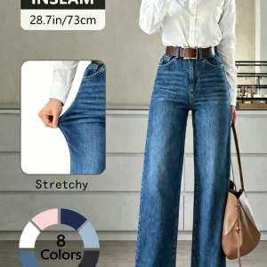 Women's High Elasticity Denim Jeans, Casual Loose Fit Wide Leg Pants, All Seasons Fashion, Plain Pattern, Comfortable and Stylish