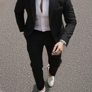2pcs Men'S Slim Fit Black Suit Set - Long Sleeve, Polyester Blazer & Dress Pants with Pockets - Elegant for Weddings, Work & Formal Events - Sophisticated Design, Formal Attire | Sophisticated Style | Polyester Fabric