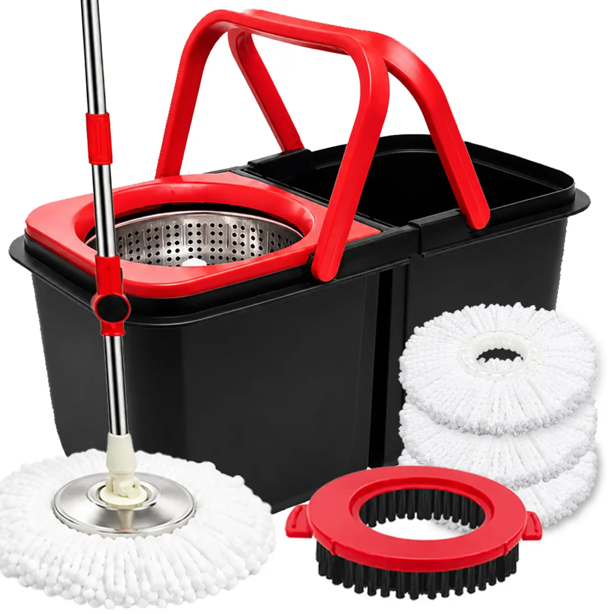 61' Spin Mop Bucket Set with Wringer - Foldable Space-Saving Dual-Chamber System, Adjustable Stainless Steel Telescopic Handle, Built-in Drain Plug, Comes with a brush 3 Reusable Microfiber Mop Heads for Hardwood, Tile, Vinyl Floor Cleaning Adjustable