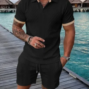 Men's Colorblock Short Sleeve Polo Shirt & Drawstring Shorts Matching Set, Textured Knit Fabric, Casual Daily Wear, Summer Clothes for Tropical Beach, Fashion Choice, Menswear