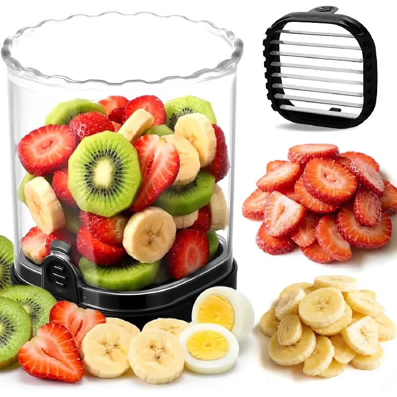 Strawberry Slicer with Stainless Steel Blades| Egg & Fruit Slicer Cup for Banana, Cucumber, Mushroom| ABS Detachable Kitchen Gadget - Precision Berry Cutter Tool (Black, 1-Pack)