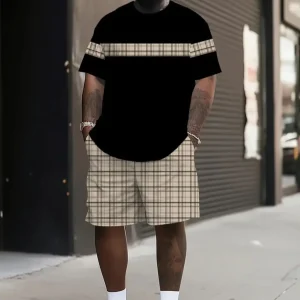 Men's Plus Size Classic Fashion Plaid Print Two-Piece Set, Round Neck Short Sleeve T-Shirt and Shorts, Lightweight Comfortable Summer Casual Wear, Fabric