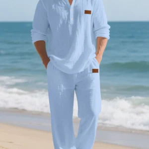 Men's Linen Blouse Set, Loose Fit V-Neck Henry Shirt, Long Sleeve & Pants, Breathable Casual, Fall New Arrival